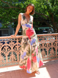 Printed  Sleeveless Sexy V-Neck Long Dress
