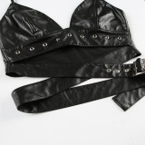 Punk Sexy Leather V-Neck Strap Vest Top Hollow Pin Buckle Adjustable Skirt Set