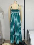 Fashionable Striped Strap High Waist A-Line Long Dress
