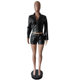 Long Sleeve Pu Leather Zipper Top Shorts Casual Two Piece Set