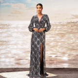 Luxury Long Sleeve V-Neck Formal Party Sequin Slim Slit Evening Dress Women Bridesmaid Gown
