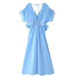 Women's Blue V-Neck Slim Waist Lace-Up Flower Bow Holidays Long Dress