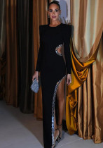 Women's Fashionable Round Neck Padded Shoulder High Slit Open Waist Black Long Dress