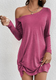 Autumn Winter Women Slash Shoulder Solid Color Long Sleeve Loose Casual Dress