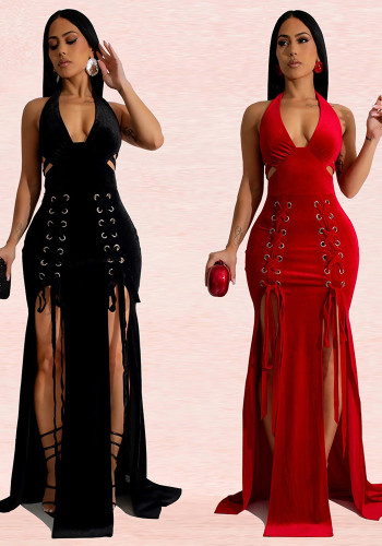 Fashion Women's Halter Neck Arm Sexy Slit Long Dress