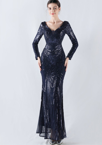 V-Neck Long Sleeve Sequins Plus Size Formal Party Evening Dress