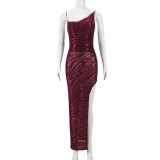 Autumn Women Low Back Slit Lace-Up Jacquard Strap Dress