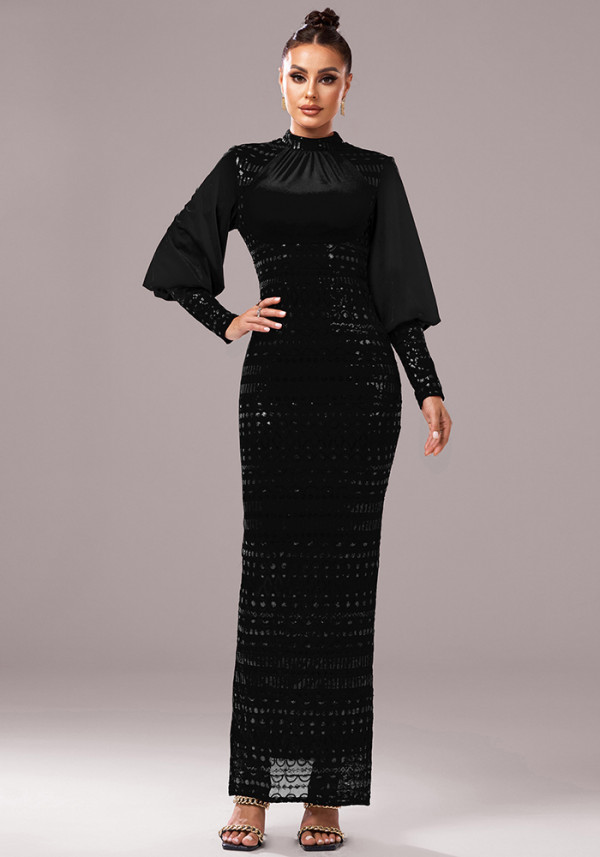Luxury Long Sleeve Round Neck Formal Party Sequin Slim Slit Evening Dress Women Bridesmaid Gown