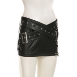 Punk Sexy Leather V-Neck Strap Vest Top Hollow Pin Buckle Adjustable Skirt Set