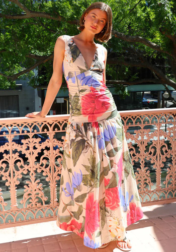 Printed  Sleeveless Sexy V-Neck Long Dress