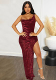 Autumn Women Low Back Slit Lace-Up Jacquard Strap Dress