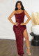 Autumn Women Low Back Slit Lace-Up Jacquard Strap Dress