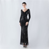 V-Neck Long Sleeve Sequins Plus Size Formal Party Evening Dress