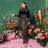 Luxury Long Sleeve Round Neck Formal Party Sequin Slim Slit Evening Dress Women Bridesmaid Gown