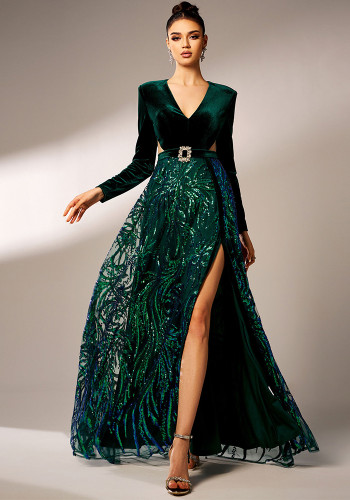 Luxury Long Sleeve V-Neck Formal Party Sequin Slit Evening Dress Women Bridesmaid Gown