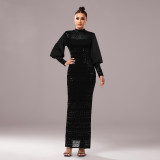 Luxury Long Sleeve Round Neck Formal Party Sequin Slim Slit Evening Dress Women Bridesmaid Gown