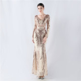 V-Neck Long Sleeve Sequins Plus Size Formal Party Evening Dress