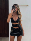Punk Sexy Leather V-Neck Strap Vest Top Hollow Pin Buckle Adjustable Skirt Set