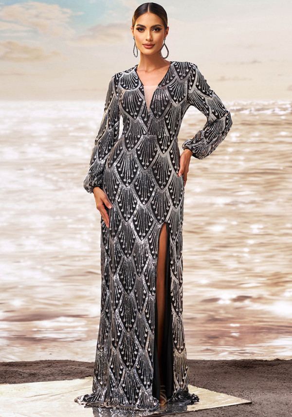 Luxury Long Sleeve V-Neck Formal Party Sequin Slim Slit Evening Dress Women Bridesmaid Gown