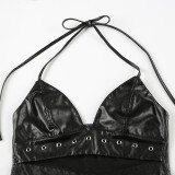 Punk Sexy Leather V-Neck Strap Vest Top Hollow Pin Buckle Adjustable Skirt Set