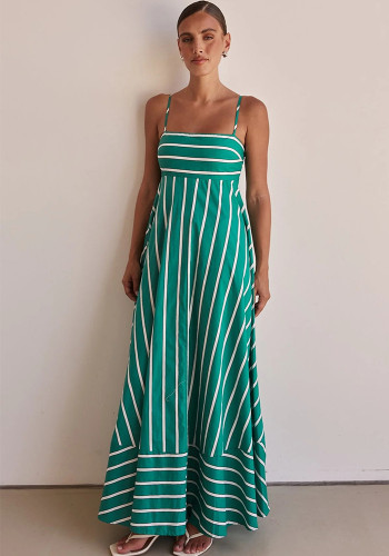 Fashionable Striped Strap High Waist A-Line Long Dress