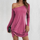 Autumn Winter Women Slash Shoulder Solid Color Long Sleeve Loose Casual Dress