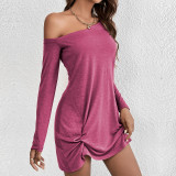 Autumn Winter Women Slash Shoulder Solid Color Long Sleeve Loose Casual Dress