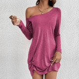 Autumn Winter Women Slash Shoulder Solid Color Long Sleeve Loose Casual Dress