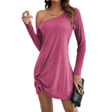 Autumn Winter Women Slash Shoulder Solid Color Long Sleeve Loose Casual Dress