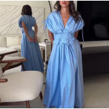 Women's Blue V-Neck Slim Waist Lace-Up Flower Bow Holidays Long Dress