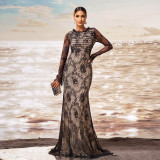 Luxury Long Sleeve Round Neck Formal Party Mesh Slim Fishtail Evening Dress Women Bridesmaid Gown