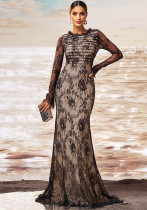 Luxury Long Sleeve Round Neck Formal Party Mesh Slim Fishtail Evening Dress Women Bridesmaid Gown