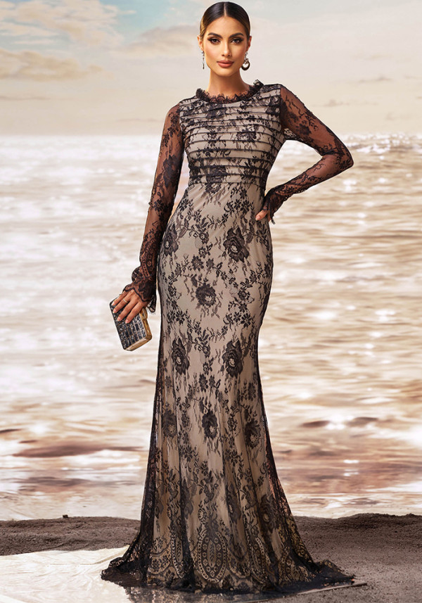 Luxury Long Sleeve Round Neck Formal Party Mesh Slim Fishtail Evening Dress Women Bridesmaid Gown