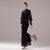 Luxury Long Sleeve Round Neck Formal Party Sequin Slim Slit Evening Dress Women Bridesmaid Gown