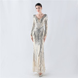 V-Neck Long Sleeve Sequins Plus Size Formal Party Evening Dress