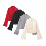Women's Furry Patchwork Long Sleeve Button Knitting Cardigan