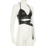 Punk Sexy Leather V-Neck Strap Vest Top Hollow Pin Buckle Adjustable Skirt Set