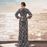 Luxury Long Sleeve V-Neck Formal Party Sequin Slim Slit Evening Dress Women Bridesmaid Gown
