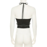 Punk Sexy Leather V-Neck Strap Vest Top Hollow Pin Buckle Adjustable Skirt Set