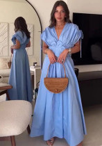 Women's Blue V-Neck Slim Waist Lace-Up Flower Bow Holidays Long Dress