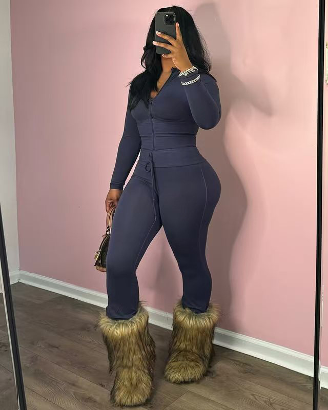 Long Sleeve Slim Zipper Top Elastic Butt Lift Bell Bottom Pants Casual Set