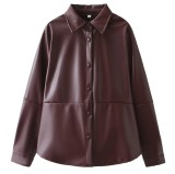 Women's Turndown Collar Button Pu Jacket Mini Skirt Two-Piece Set