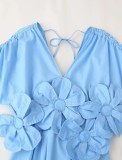 Women's Blue V-Neck Slim Waist Lace-Up Flower Bow Holidays Long Dress
