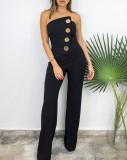 Summer Sexy Solid Color Strapless Button Flared Jumpsuit For Women