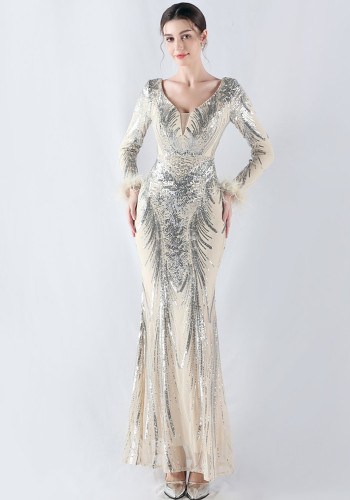 V-Neck Feather Long Sleeve Sequins Plus Size Formal Party Evening Dress