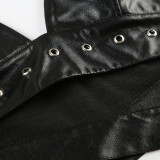 Punk Sexy Leather V-Neck Strap Vest Top Hollow Pin Buckle Adjustable Skirt Set