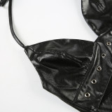 Punk Sexy Leather V-Neck Strap Vest Top Hollow Pin Buckle Adjustable Skirt Set