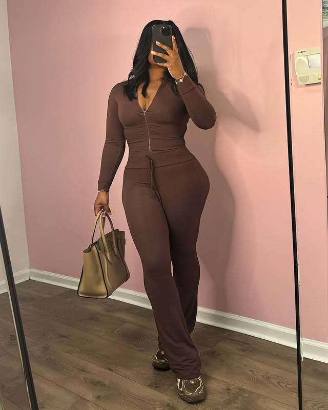 Long Sleeve Slim Zipper Top Elastic Butt Lift Bell Bottom Pants Casual Set