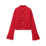 Women's Furry Patchwork Long Sleeve Button Knitting Cardigan