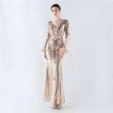 V-Neck Feather Long Sleeve Sequins Plus Size Formal Party Evening Dress